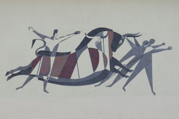 Das Sgraffito an der Turnhalle interpretiert die "Ossen-Sage" im Stil der 1950er Jahre